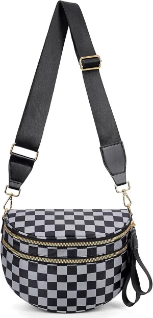 Nylon Crossbody Bag for Women,Checkered Bum Bag Checkered Black and White Handbags Wallets Oversized Slouchy Belt Bag