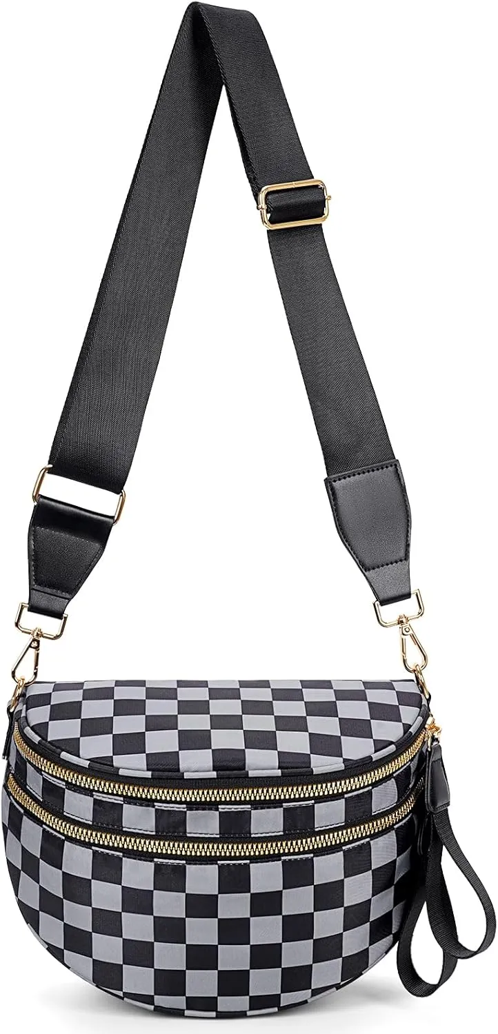 Nylon Crossbody Bag for Women,Checkered Bum Bag Checkered Black and White Handbags Wallets Oversized Slouchy Belt Bag