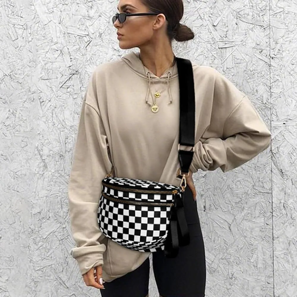 Nylon Crossbody Bag for Women,Checkered Bum Bag Checkered Black and White Handbags Wallets Oversized Slouchy Belt Bag