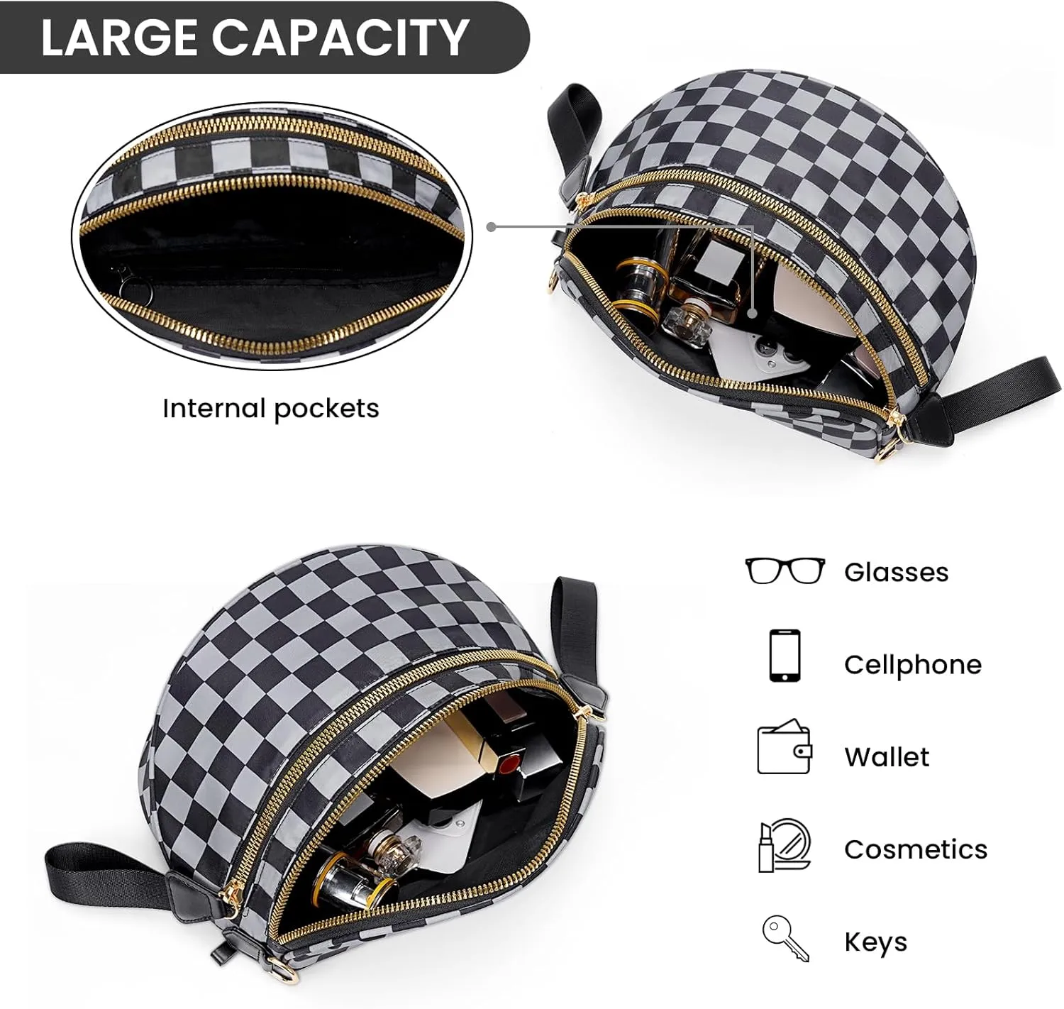 Nylon Crossbody Bag for Women,Checkered Bum Bag Checkered Black and White Handbags Wallets Oversized Slouchy Belt Bag