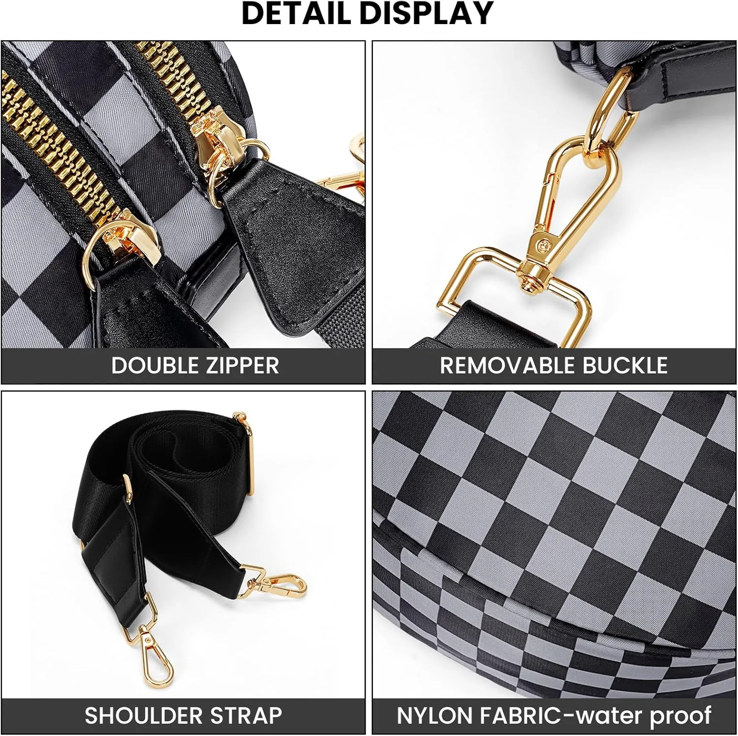 Nylon Crossbody Bag for Women,Checkered Bum Bag Checkered Black and White Handbags Wallets Oversized Slouchy Belt Bag