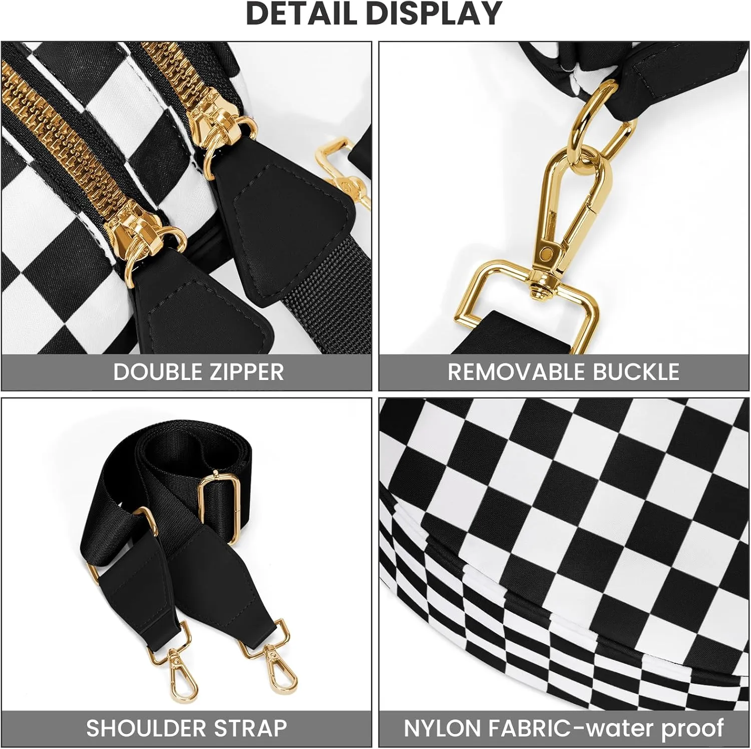 Nylon Crossbody Bag for Women,Checkered Bum Bag Checkered Black and White Handbags Wallets Oversized Slouchy Belt Bag