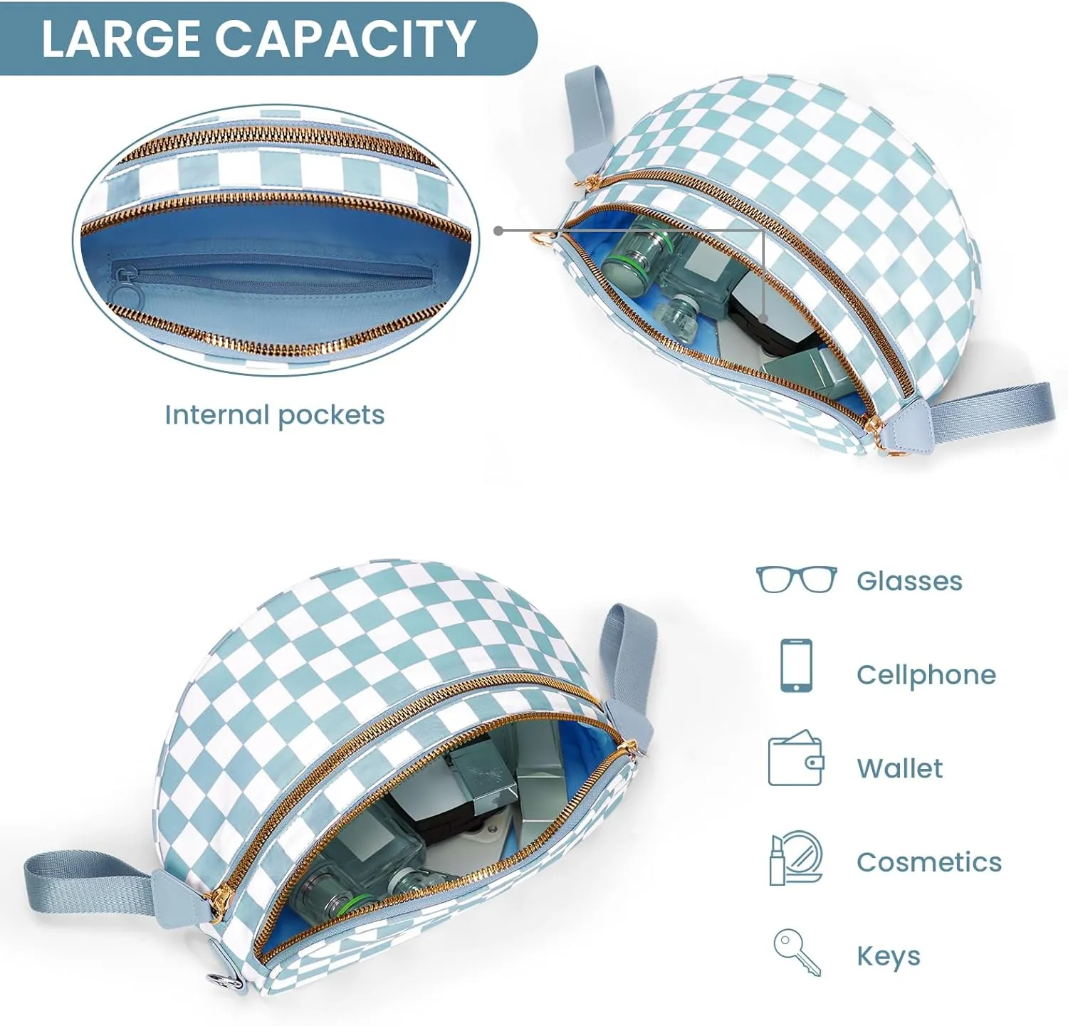 Nylon Crossbody Bag for Women,Checkered Bum Bag Checkered Black and White Handbags Wallets Oversized Slouchy Belt Bag