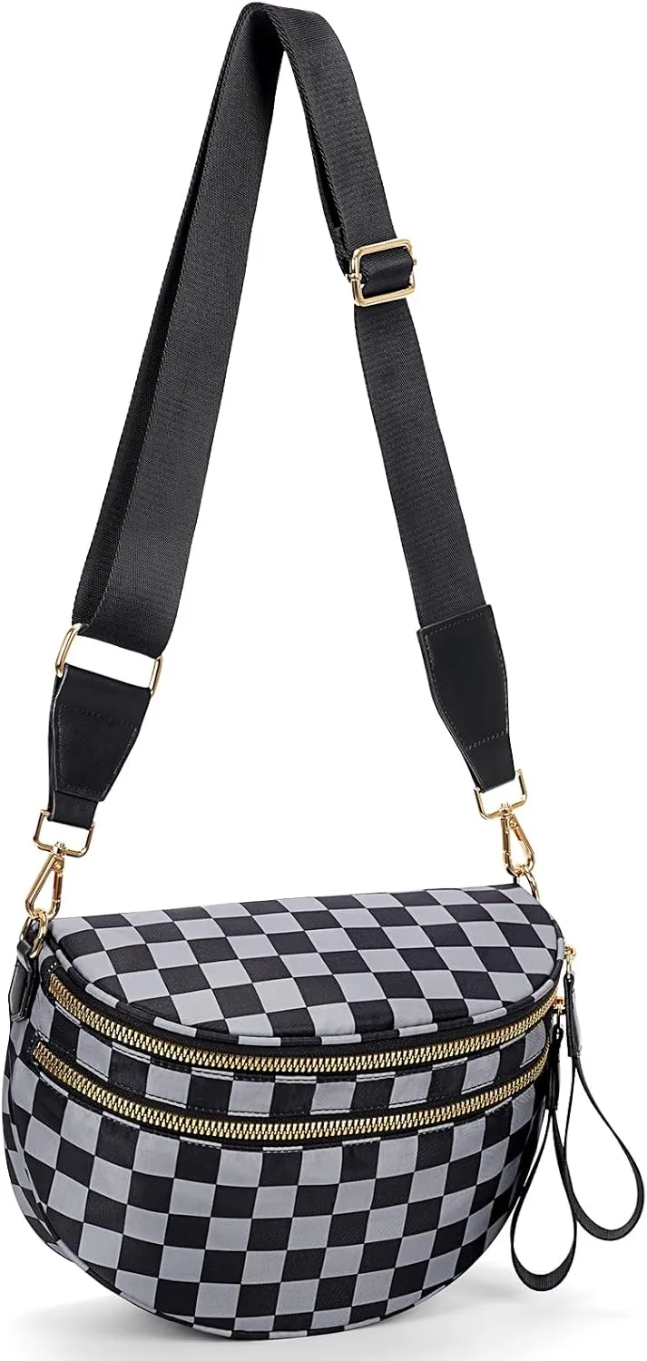 Nylon Crossbody Bag for Women,Checkered Bum Bag Checkered Black and White Handbags Wallets Oversized Slouchy Belt Bag