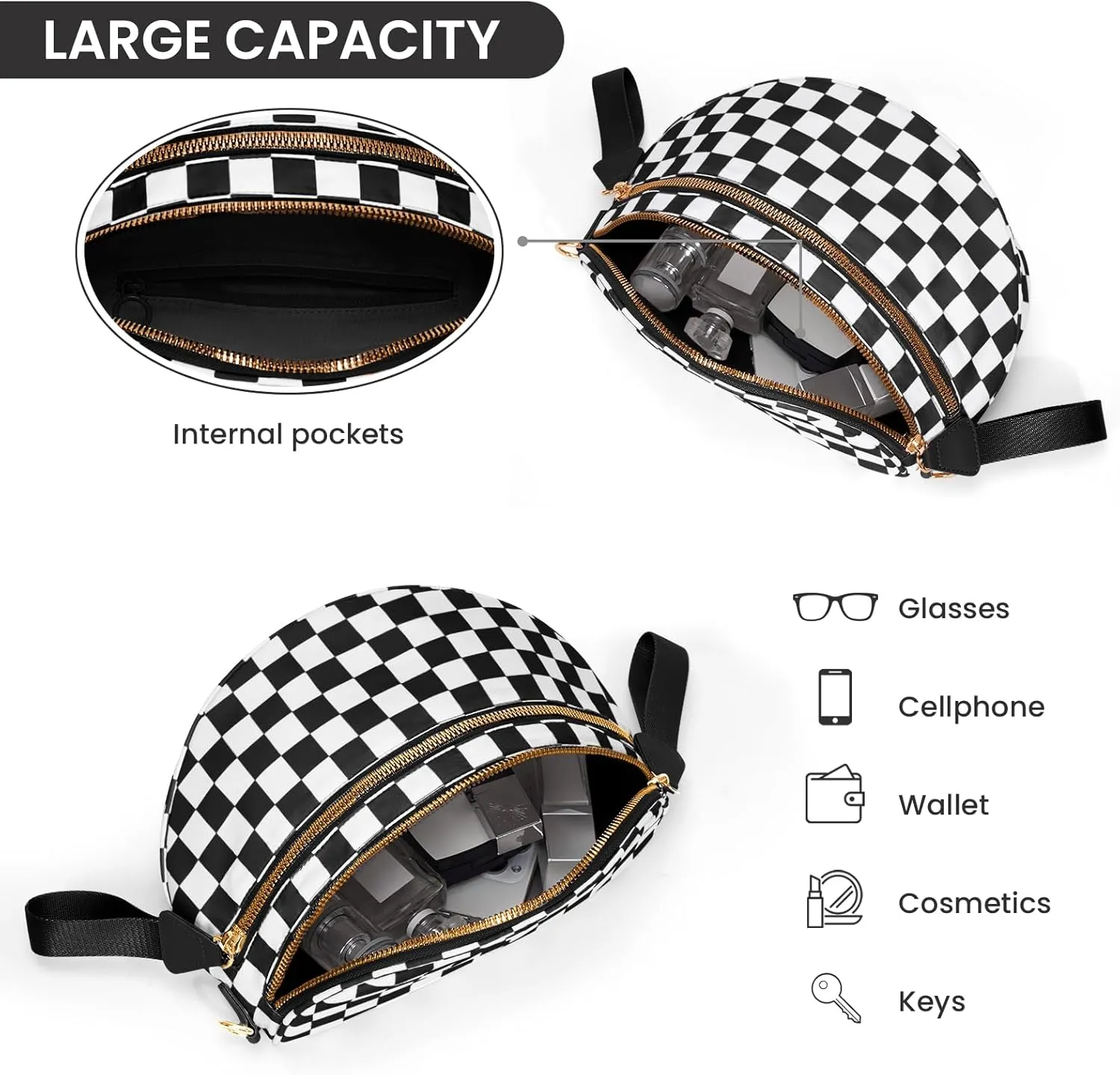 Nylon Crossbody Bag for Women,Checkered Bum Bag Checkered Black and White Handbags Wallets Oversized Slouchy Belt Bag
