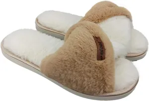 ofoot Women's Memory Foam Two-tone Crossed Twisted Strap Open Toe Slides | Breathable, Soft and Comfortable Faux Fur | Lightweight & Slip-resistant Flat Outsole