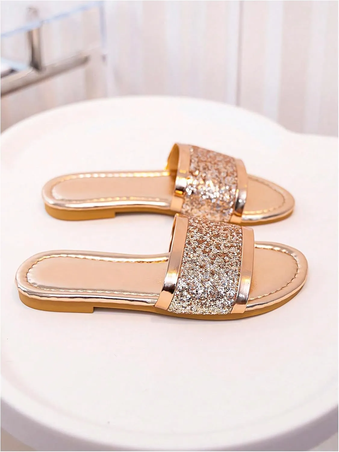 OYOANGLE Girl's Rhinestone Metallic Open Toe Sandals Sparkly Single Strap Slip On Flat Casual Outdoor Slippers
