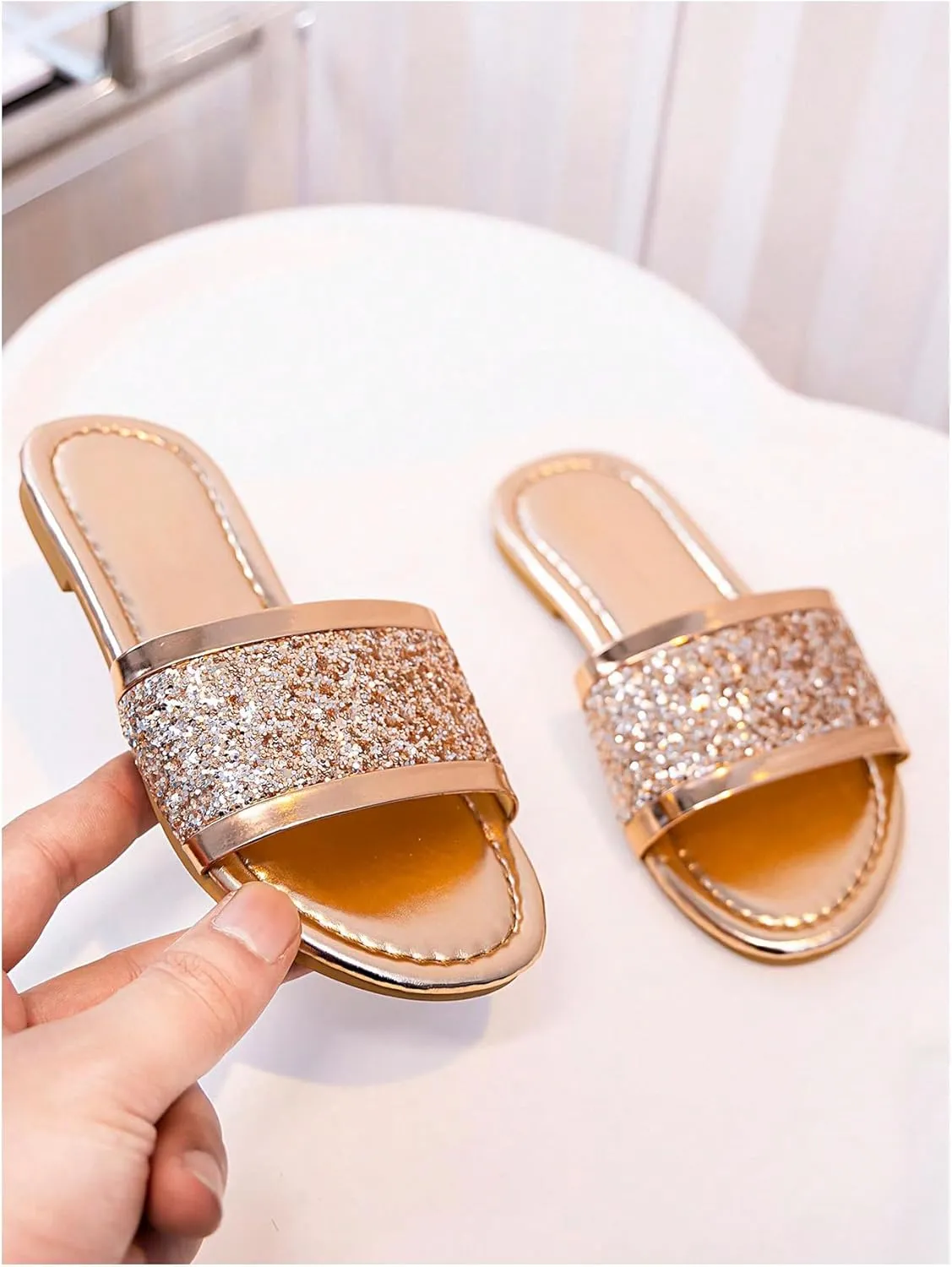 OYOANGLE Girl's Rhinestone Metallic Open Toe Sandals Sparkly Single Strap Slip On Flat Casual Outdoor Slippers