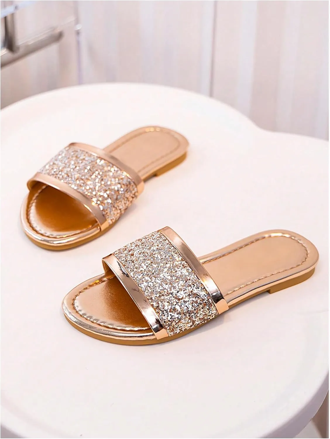 OYOANGLE Girl's Rhinestone Metallic Open Toe Sandals Sparkly Single Strap Slip On Flat Casual Outdoor Slippers