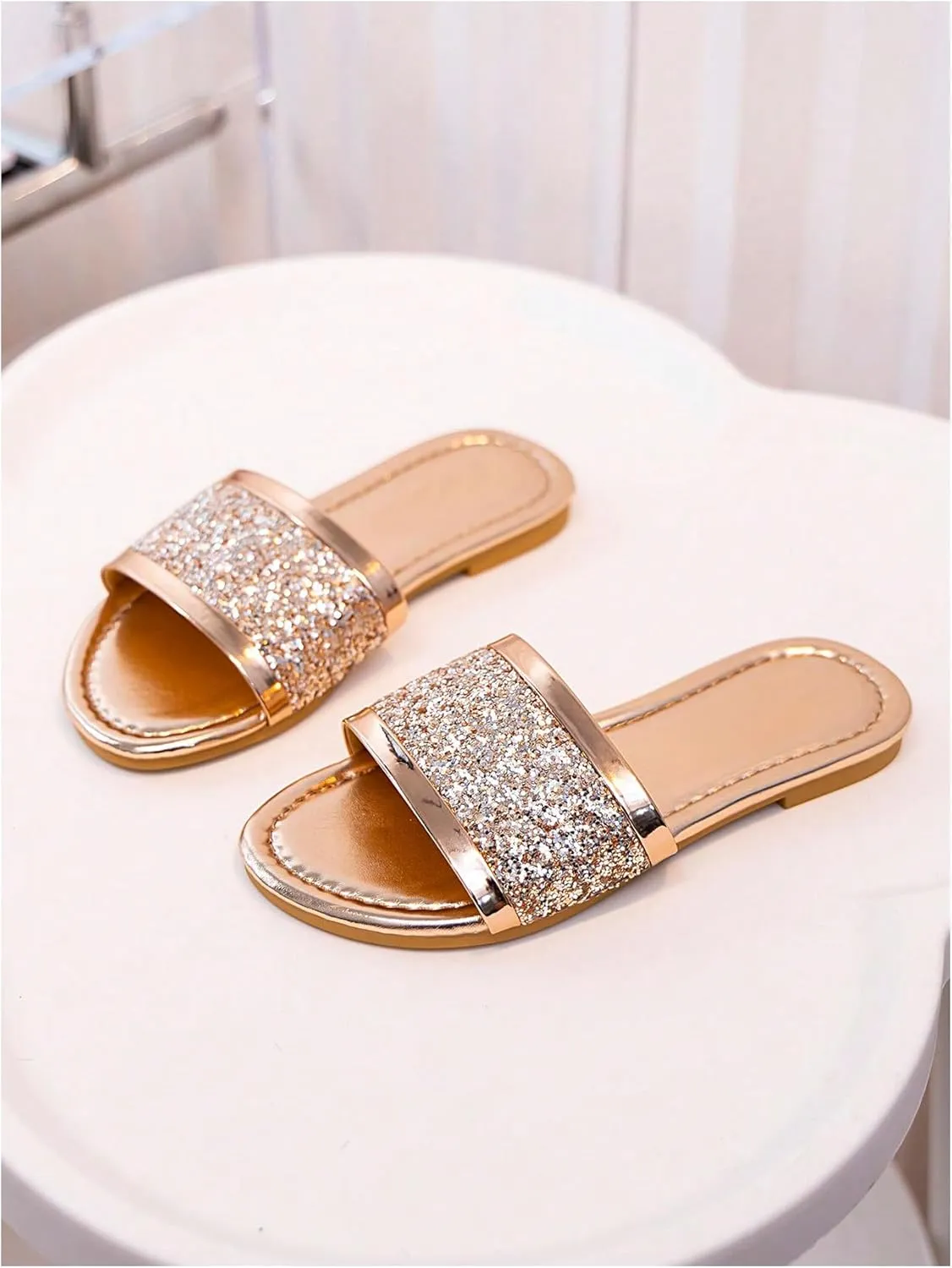 OYOANGLE Girl's Rhinestone Metallic Open Toe Sandals Sparkly Single Strap Slip On Flat Casual Outdoor Slippers