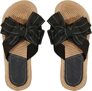 OYOANGLE Women's Bowknot Open Toe Slip on Slide Sandals Woven Casual Beach Flat Sandals