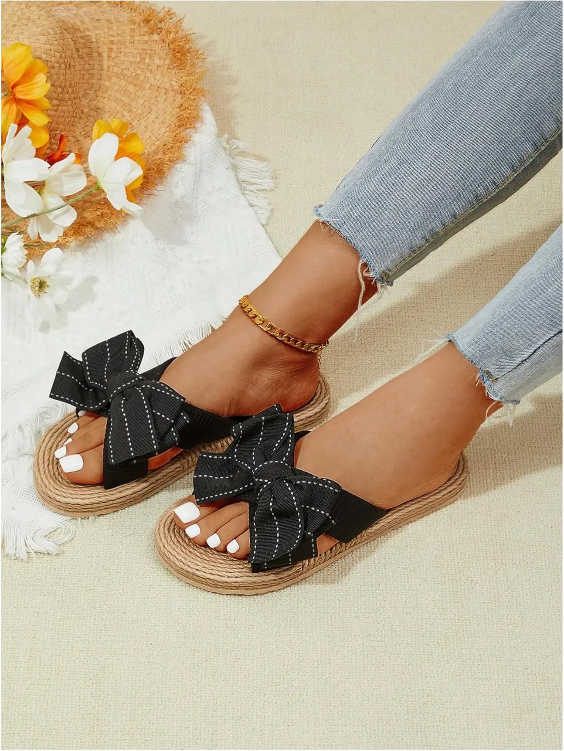 OYOANGLE Women's Bowknot Open Toe Slip on Slide Sandals Woven Casual Beach Flat Sandals