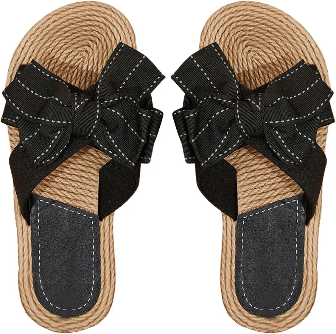 OYOANGLE Women's Bowknot Open Toe Slip on Slide Sandals Woven Casual Beach Flat Sandals