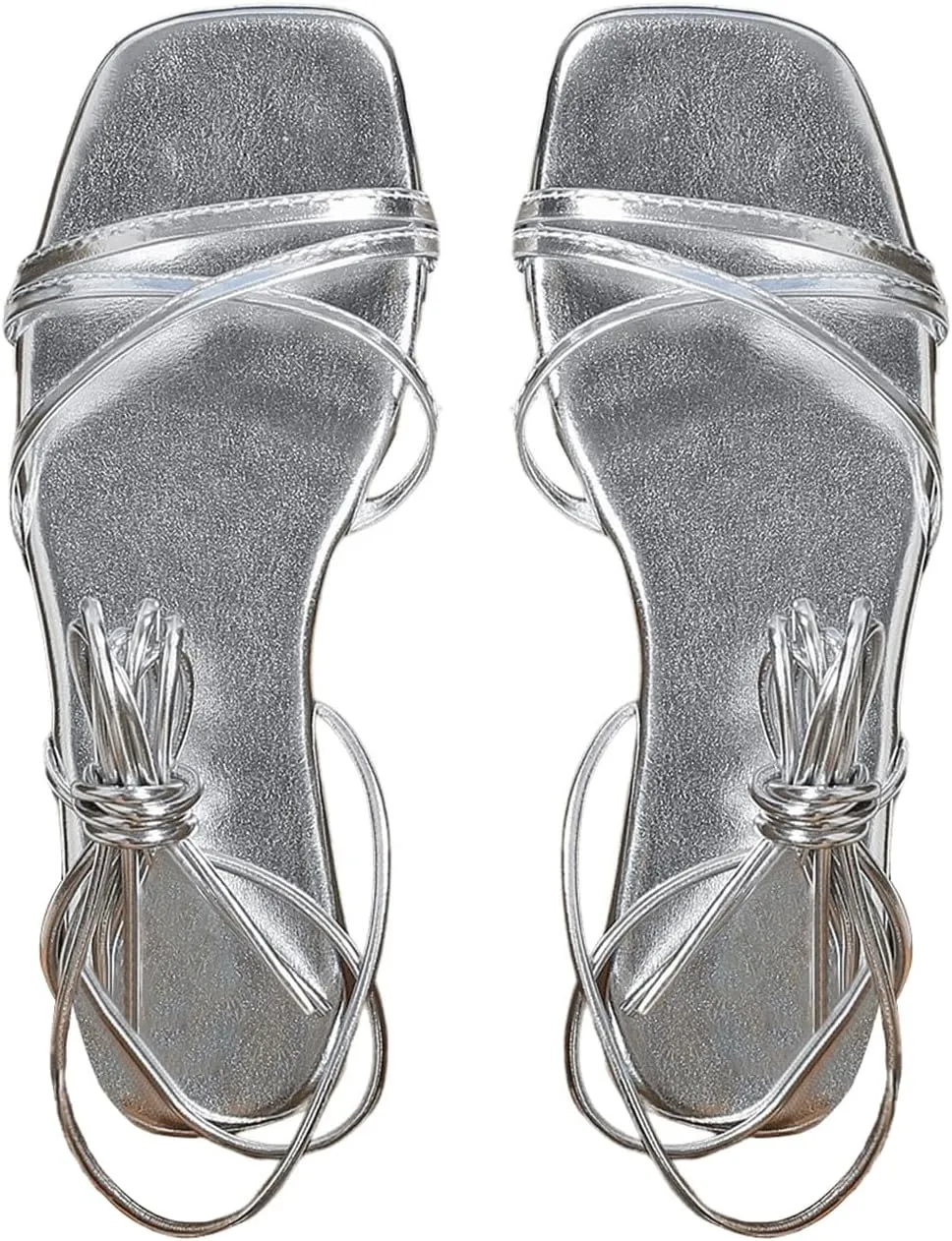 OYOANGLE Women's Lace Up Strappy Flat Sandals Metallic Summer Square Open Toe Sandal Tie Up Shoes