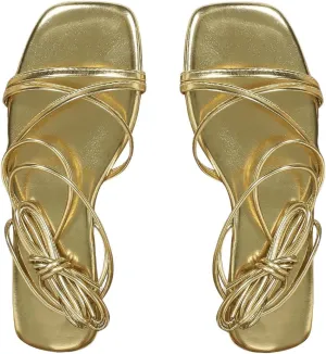 OYOANGLE Women's Lace Up Strappy Flat Sandals Metallic Summer Square Open Toe Sandal Tie Up Shoes