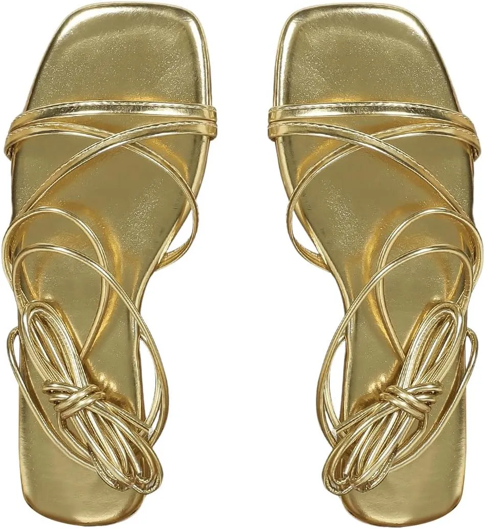 OYOANGLE Women's Lace Up Strappy Flat Sandals Metallic Summer Square Open Toe Sandal Tie Up Shoes