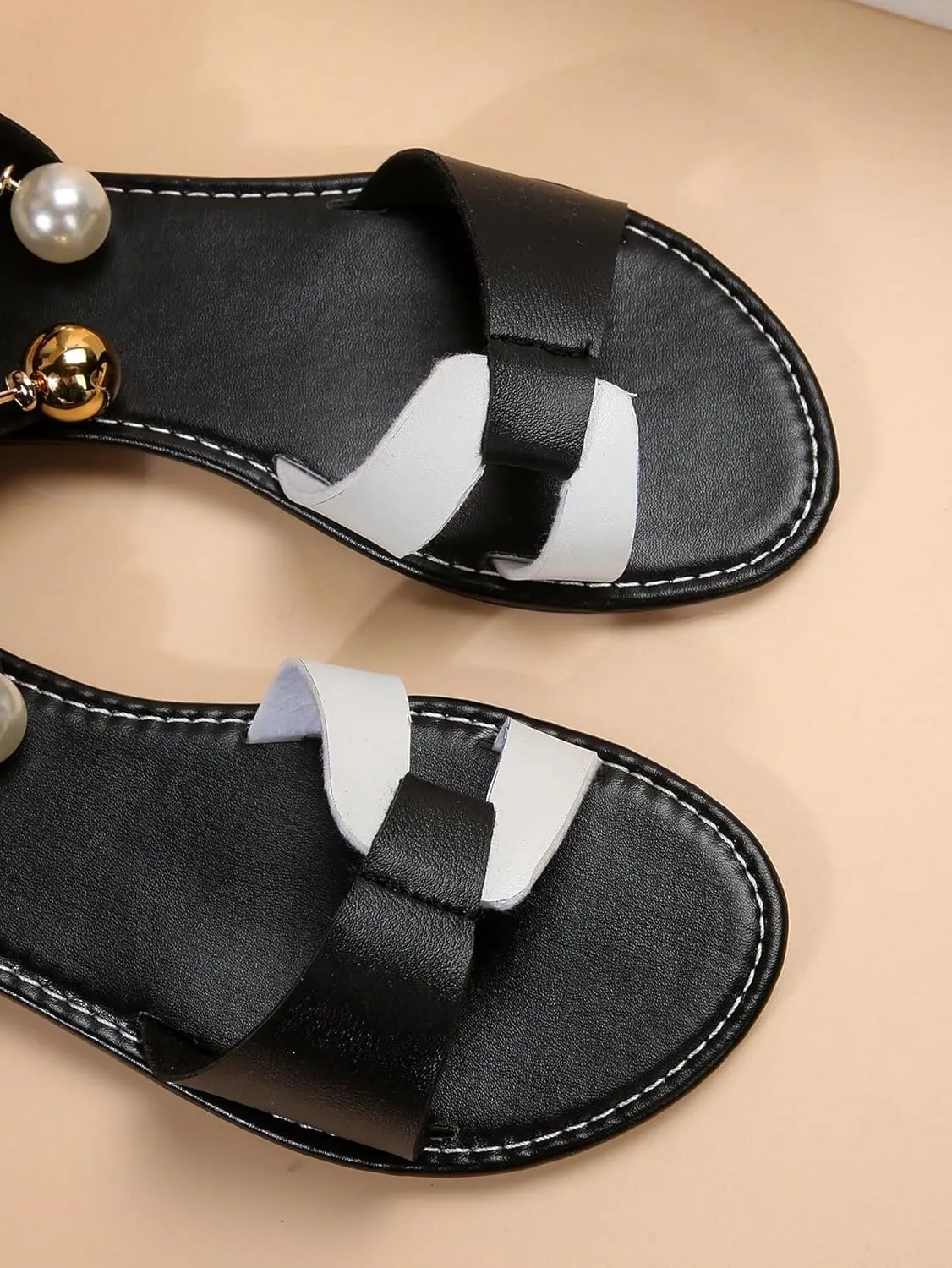 OYOANGLE Women's Leather Open Toe Ankle Strap Sandals Pearl Slide On Flat Slingback Sandals