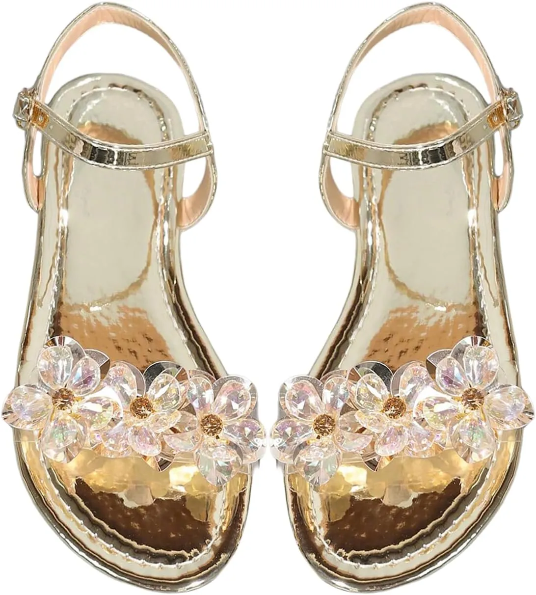 OYOANGLE Women's Metallic Jeweled Slingback Sandals Open Toe Flat Buckled Ankle Strap Casual Elegant Sandals