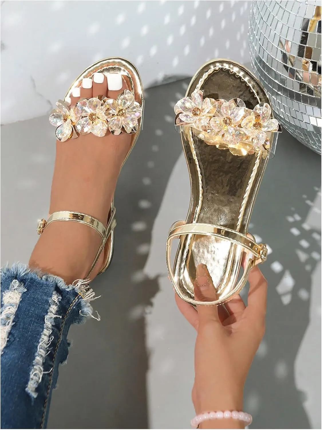 OYOANGLE Women's Metallic Jeweled Slingback Sandals Open Toe Flat Buckled Ankle Strap Casual Elegant Sandals