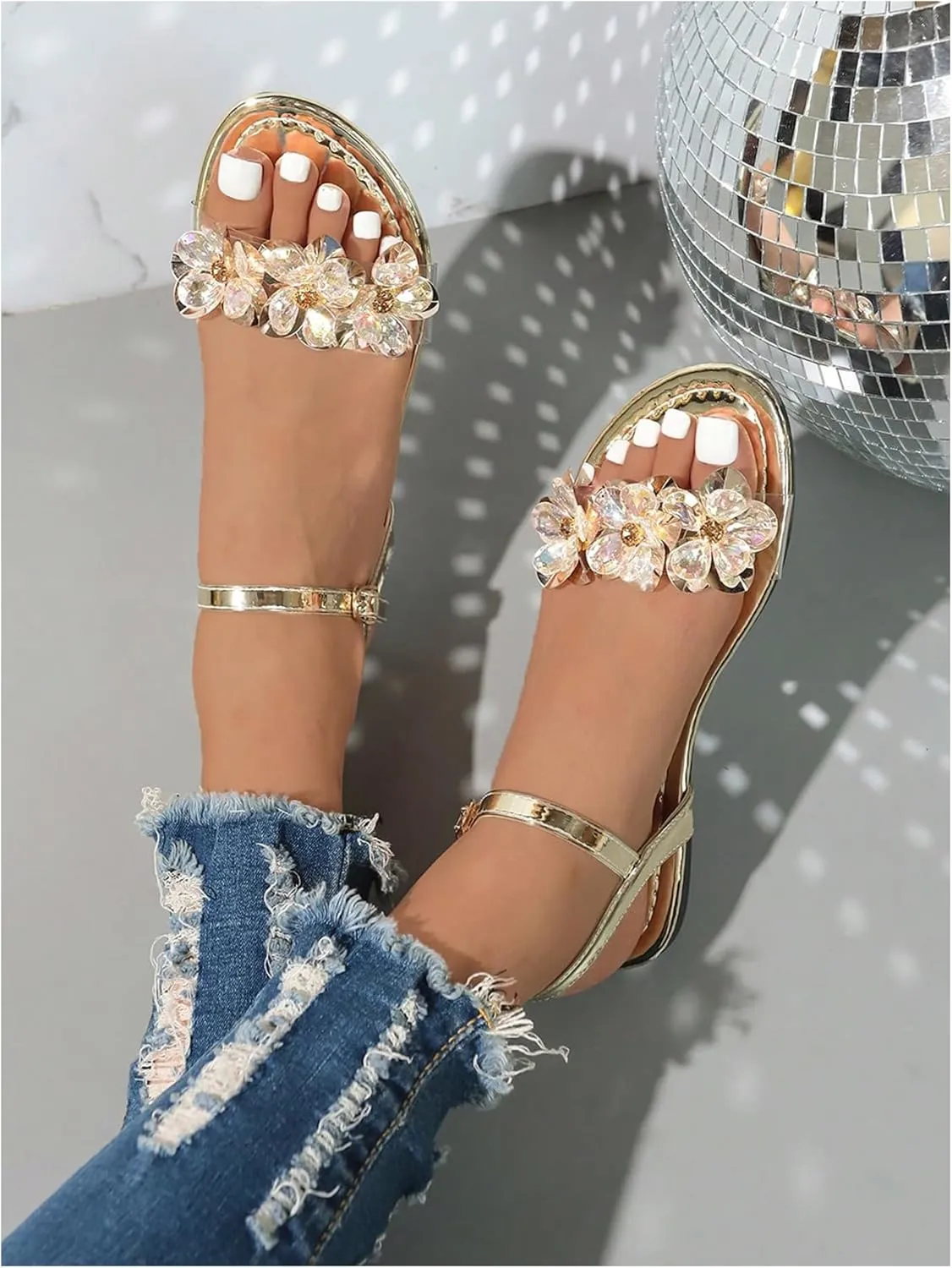 OYOANGLE Women's Metallic Jeweled Slingback Sandals Open Toe Flat Buckled Ankle Strap Casual Elegant Sandals