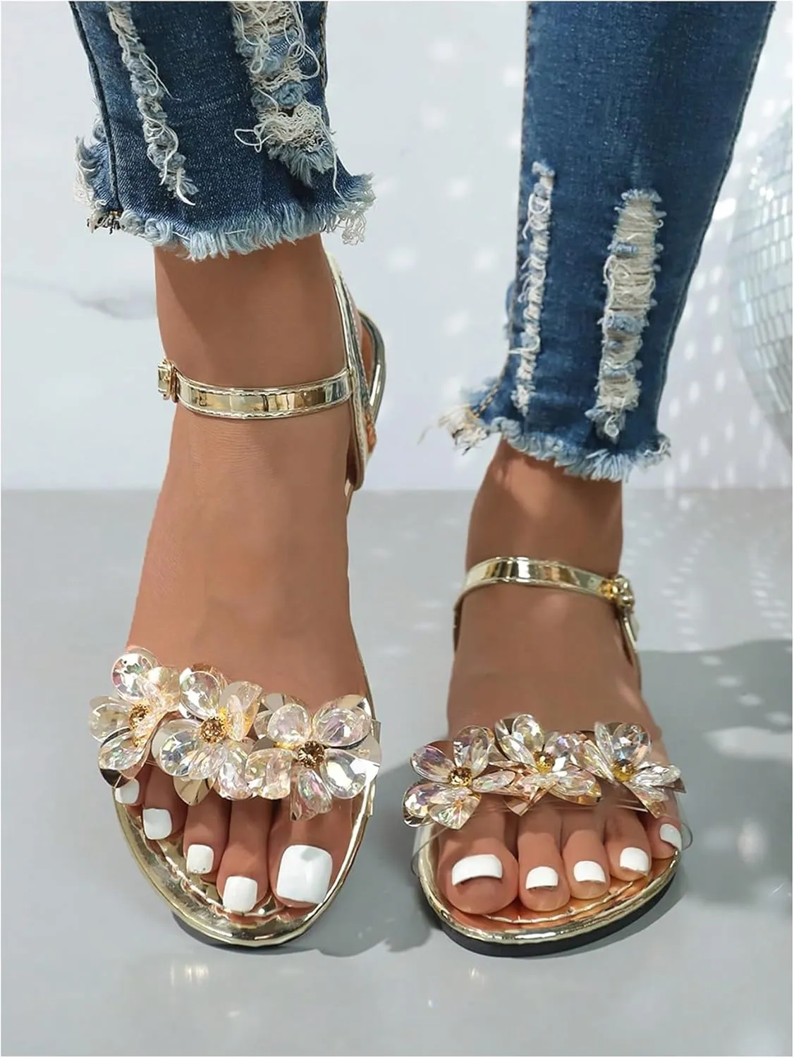 OYOANGLE Women's Metallic Jeweled Slingback Sandals Open Toe Flat Buckled Ankle Strap Casual Elegant Sandals