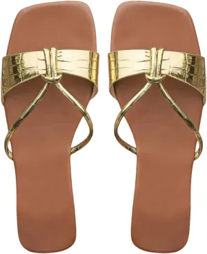 OYOANGLE Women's Metallic Open Square Toe Flat Sandals Slip On PU Leather Dressy Slides Sandal
