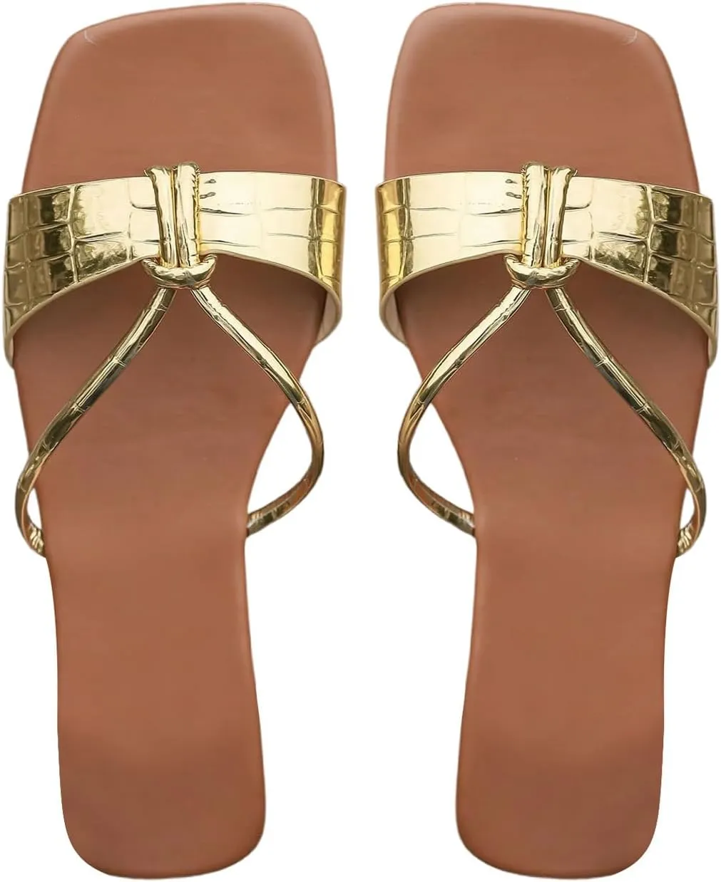OYOANGLE Women's Metallic Open Square Toe Flat Sandals Slip On PU Leather Dressy Slides Sandal