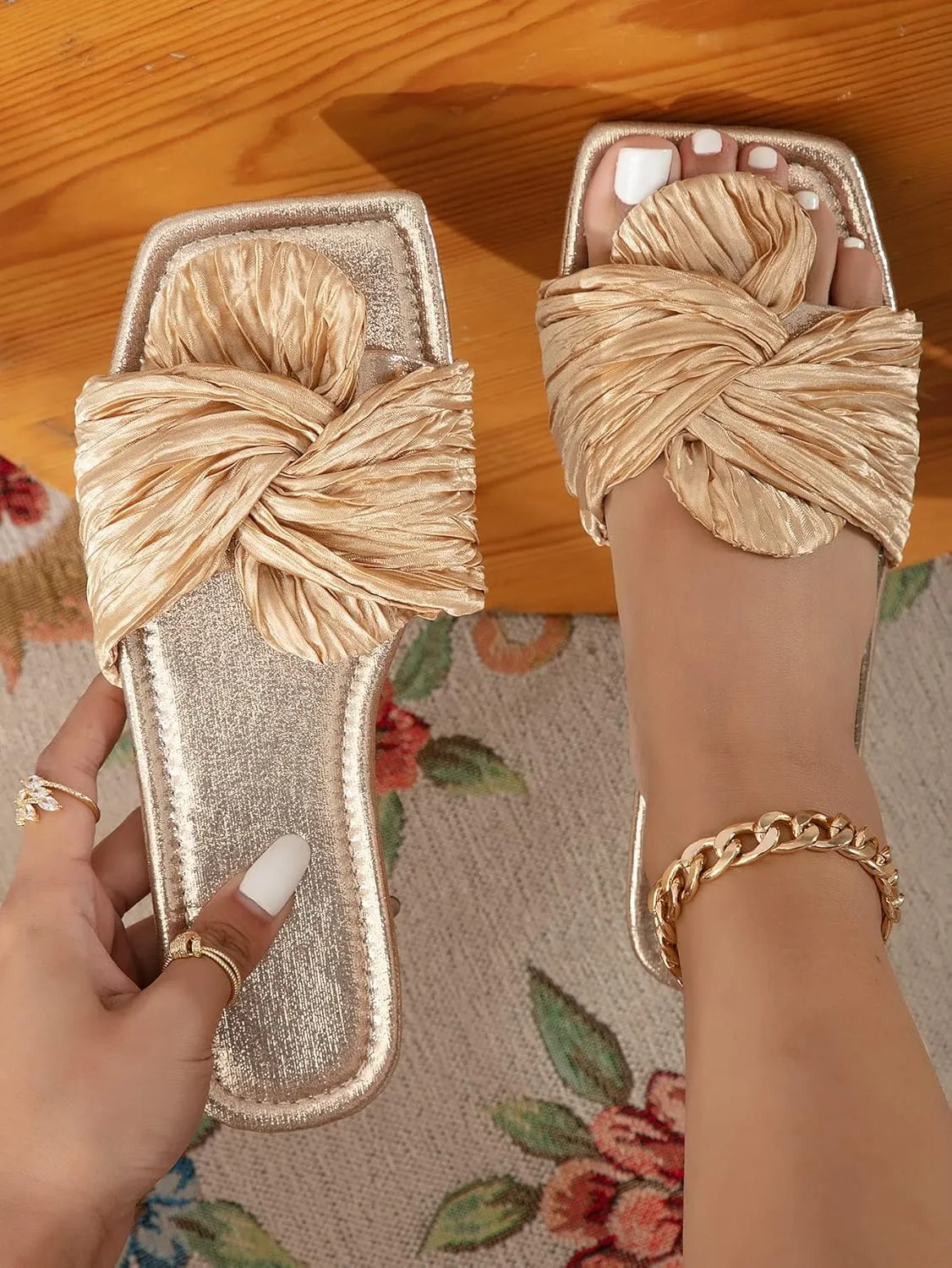 OYOANGLE Women's Metallic Twist Front Open Toe Flat Sandals Fashion Slide Sandals
