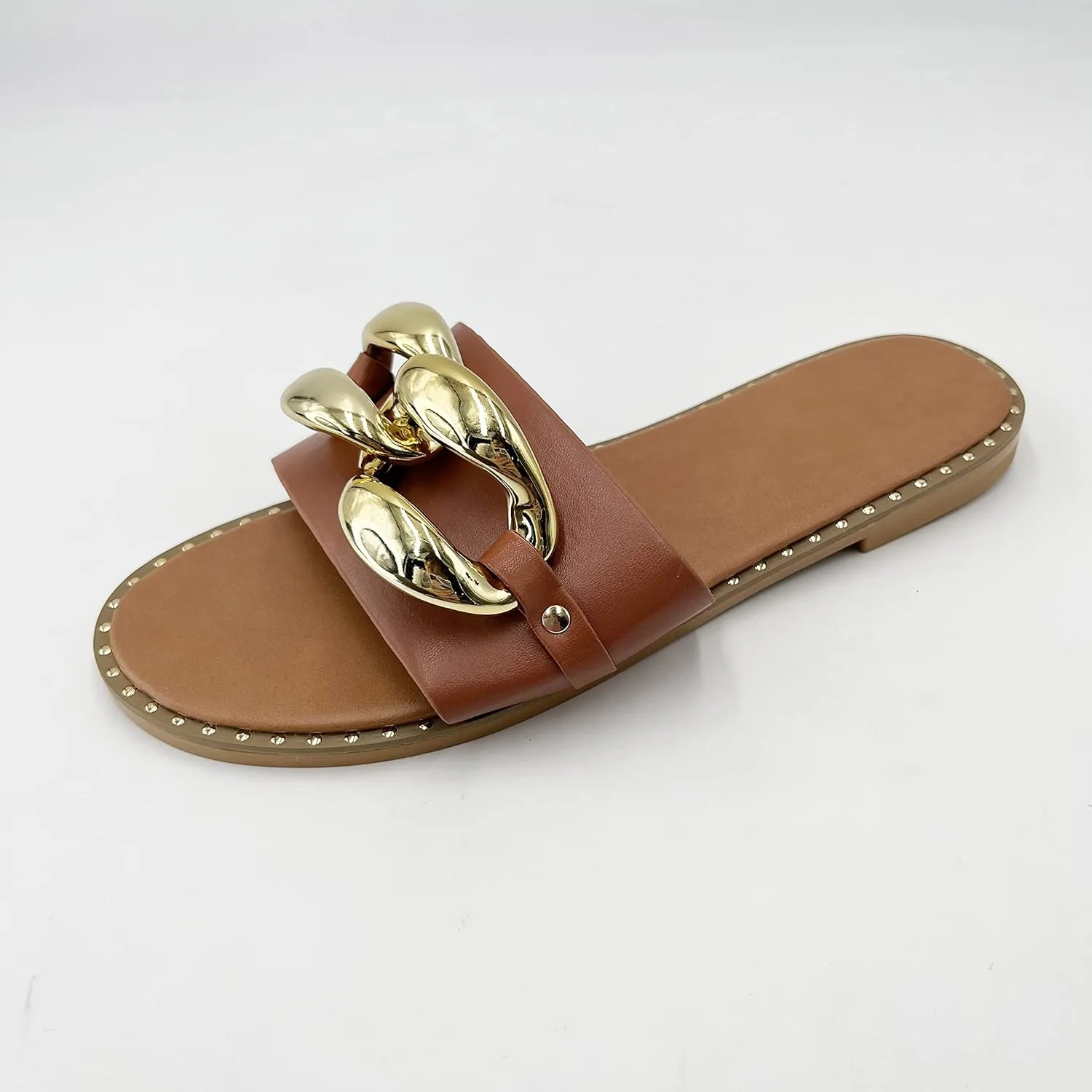 pearl&she Women's Leather Flat Slippers Metallic Link Chains Slip On Summer Indoor and Outdoor Slide Sandals