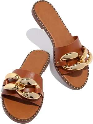 pearl&she Women's Leather Flat Slippers Metallic Link Chains Slip On Summer Indoor and Outdoor Slide Sandals