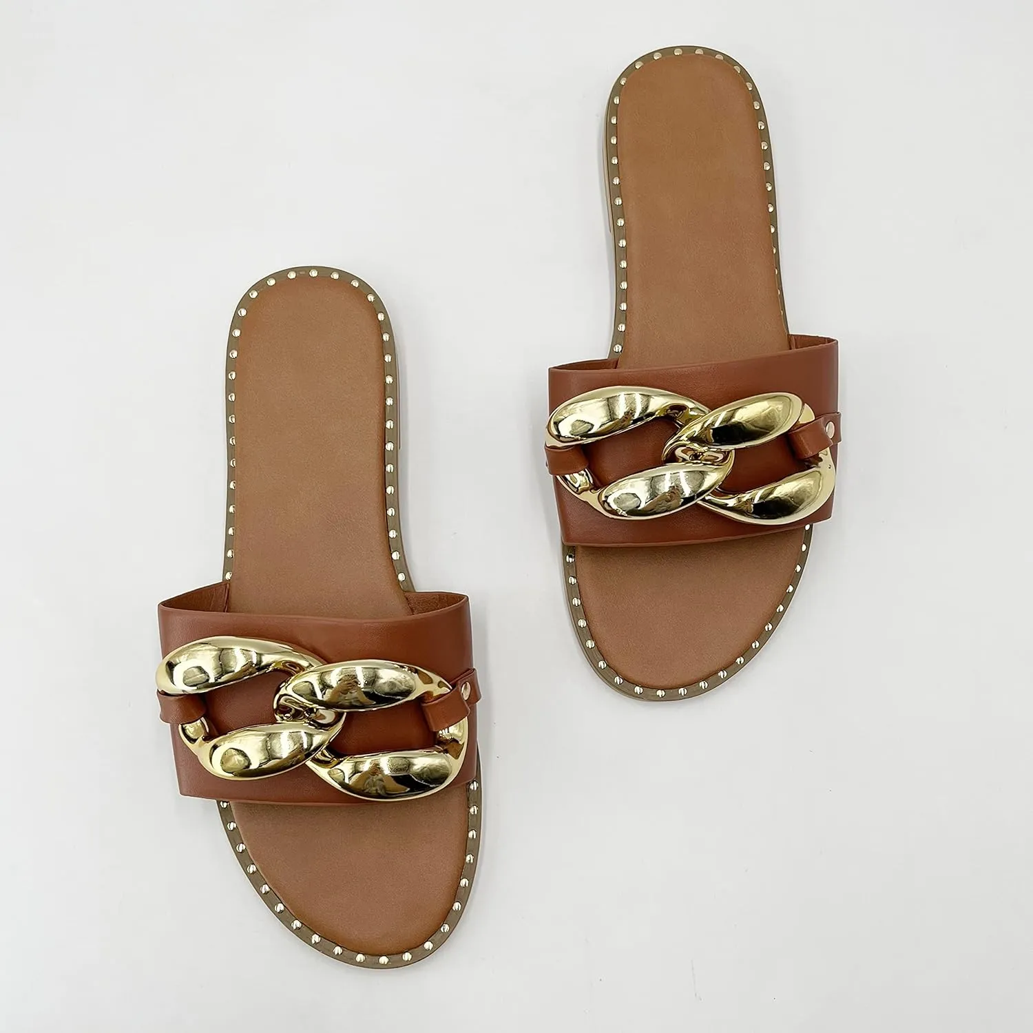 pearl&she Women's Leather Flat Slippers Metallic Link Chains Slip On Summer Indoor and Outdoor Slide Sandals