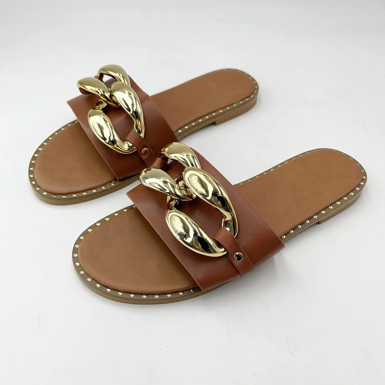 pearl&she Women's Leather Flat Slippers Metallic Link Chains Slip On Summer Indoor and Outdoor Slide Sandals