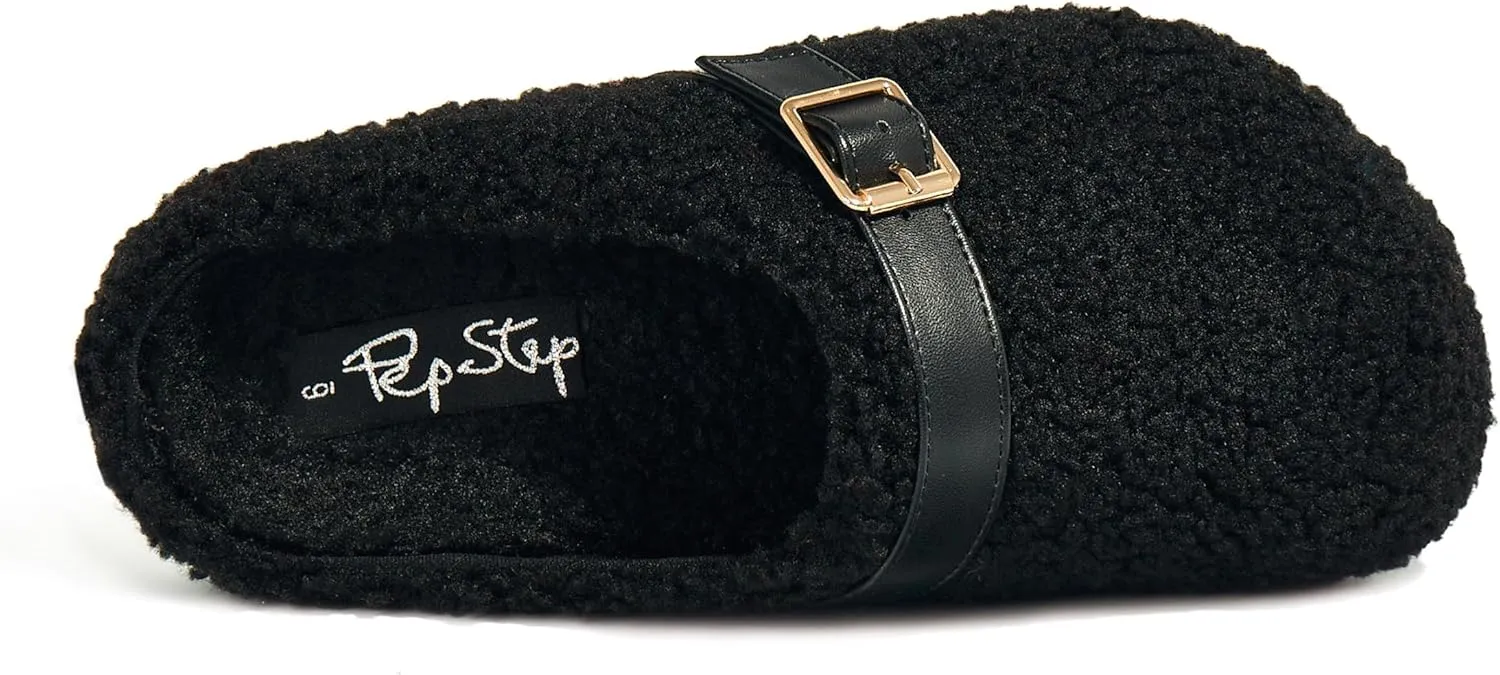 PepStep Womens Suede or Fur Clog Mules - Low Platform Slip On Closed Toe Arch Support Cork Slide Slippers for Ladies