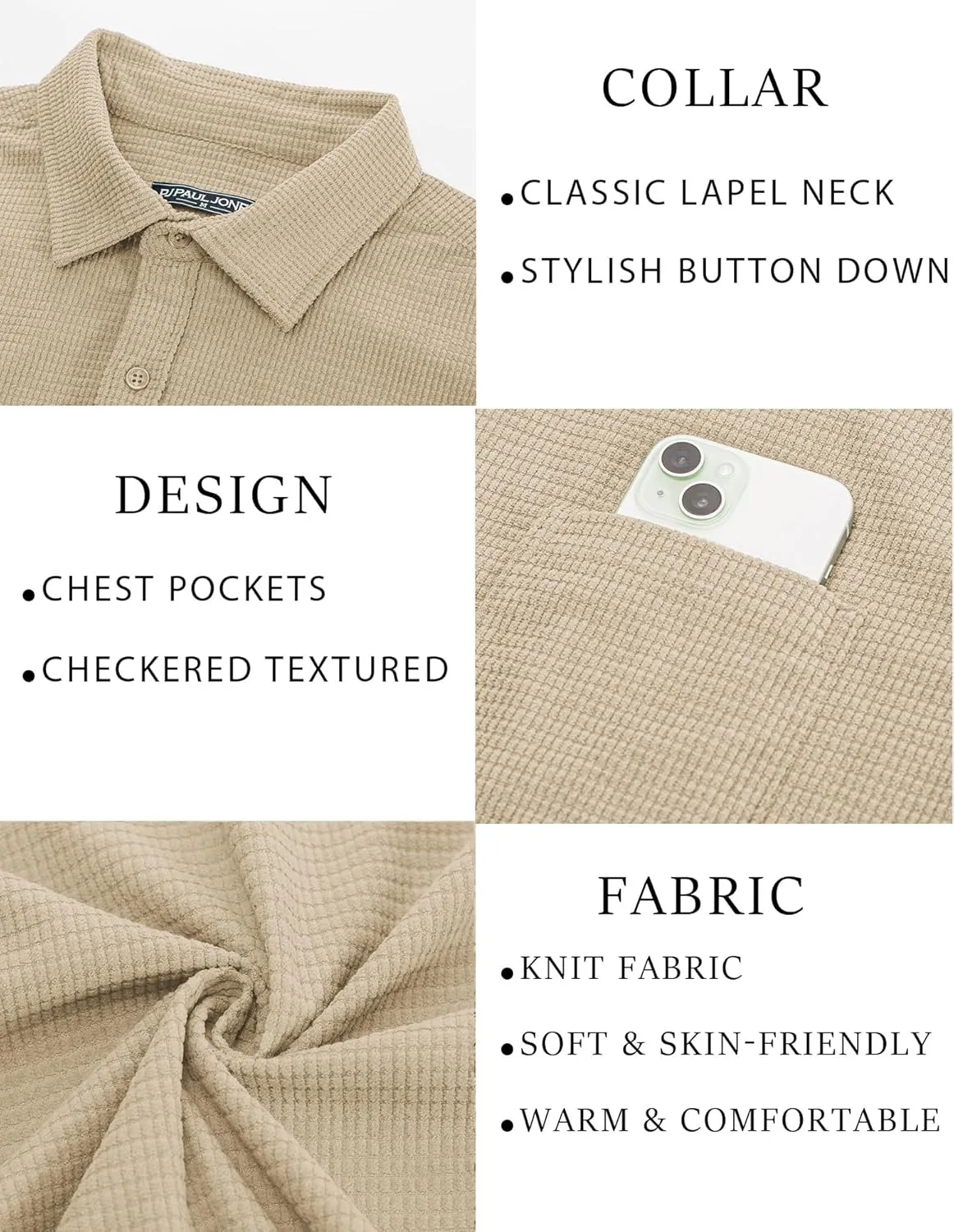PJ PAUL JONES Men's Button Down Shirt Texture Wrinkle Free Shirts Long Sleeve Waffle Untucked Shirt