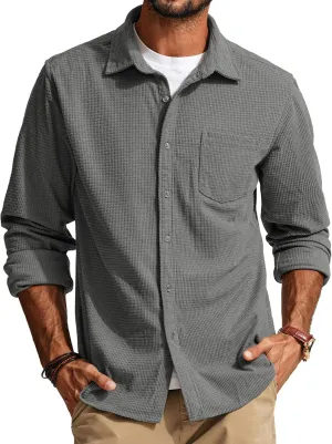 PJ PAUL JONES Men's Button Down Shirt Texture Wrinkle Free Shirts Long Sleeve Waffle Untucked Shirt
