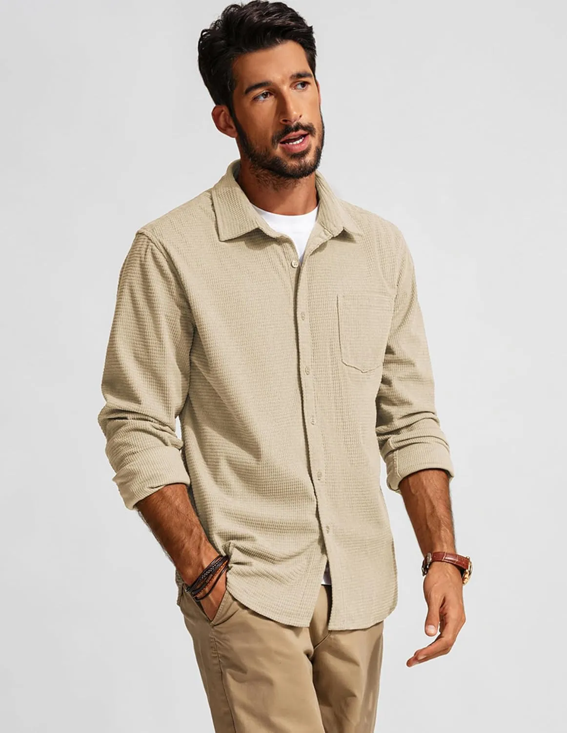 PJ PAUL JONES Men's Button Down Shirt Texture Wrinkle Free Shirts Long Sleeve Waffle Untucked Shirt
