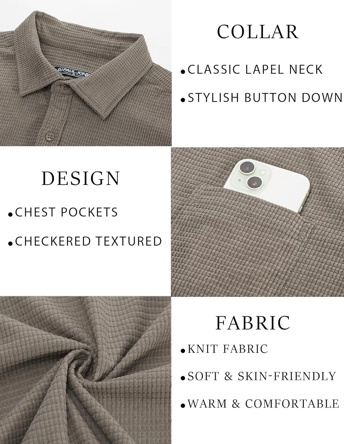 PJ PAUL JONES Men's Button Down Shirt Texture Wrinkle Free Shirts Long Sleeve Waffle Untucked Shirt