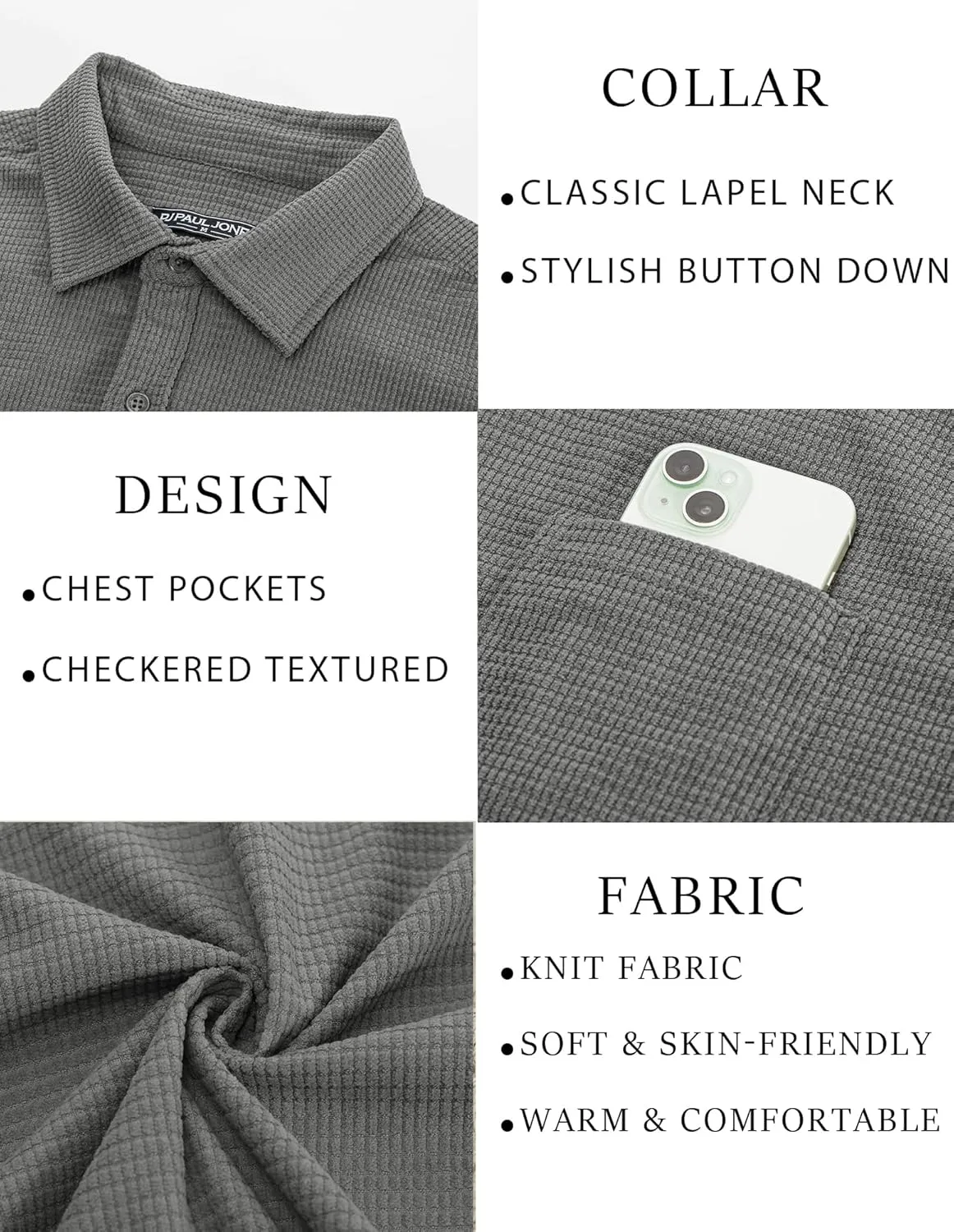 PJ PAUL JONES Men's Button Down Shirt Texture Wrinkle Free Shirts Long Sleeve Waffle Untucked Shirt