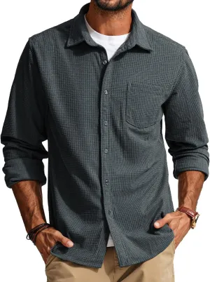 PJ PAUL JONES Men's Button Down Shirt Texture Wrinkle Free Shirts Long Sleeve Waffle Untucked Shirt