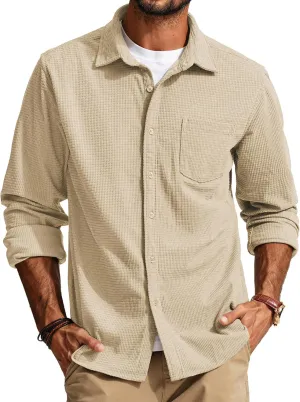 PJ PAUL JONES Men's Button Down Shirt Texture Wrinkle Free Shirts Long Sleeve Waffle Untucked Shirt