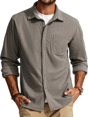 PJ PAUL JONES Men's Button Down Shirt Texture Wrinkle Free Shirts Long Sleeve Waffle Untucked Shirt