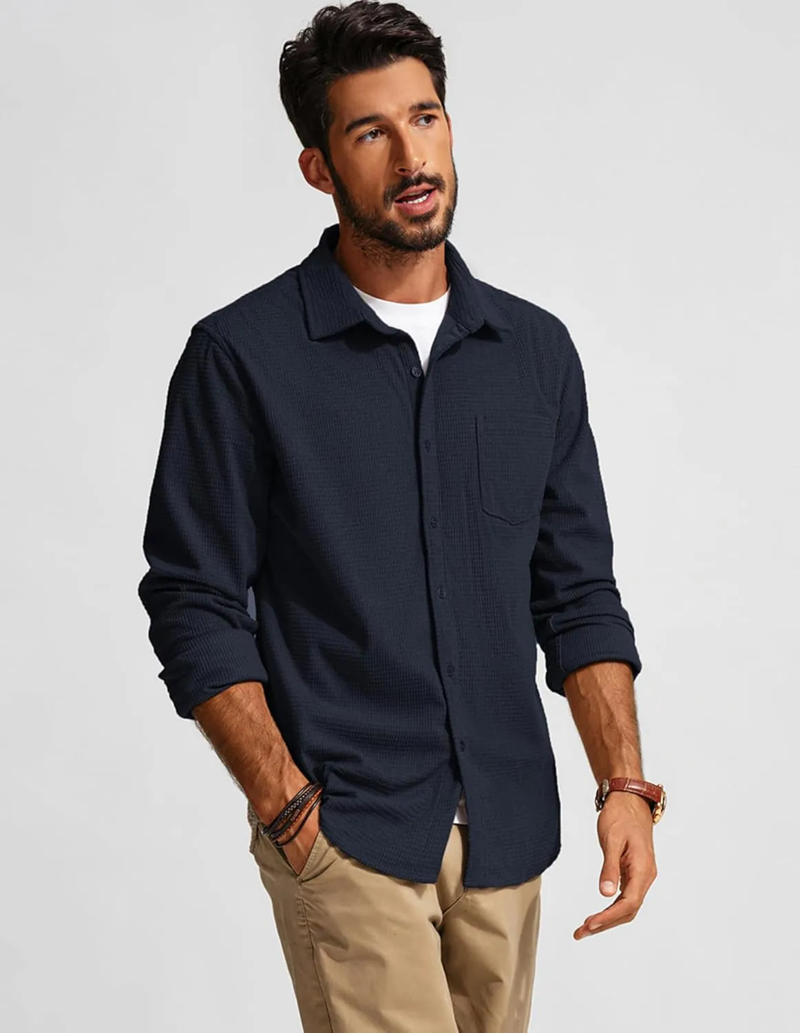 PJ PAUL JONES Men's Button Down Shirt Texture Wrinkle Free Shirts Long Sleeve Waffle Untucked Shirt