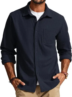 PJ PAUL JONES Men's Button Down Shirt Texture Wrinkle Free Shirts Long Sleeve Waffle Untucked Shirt