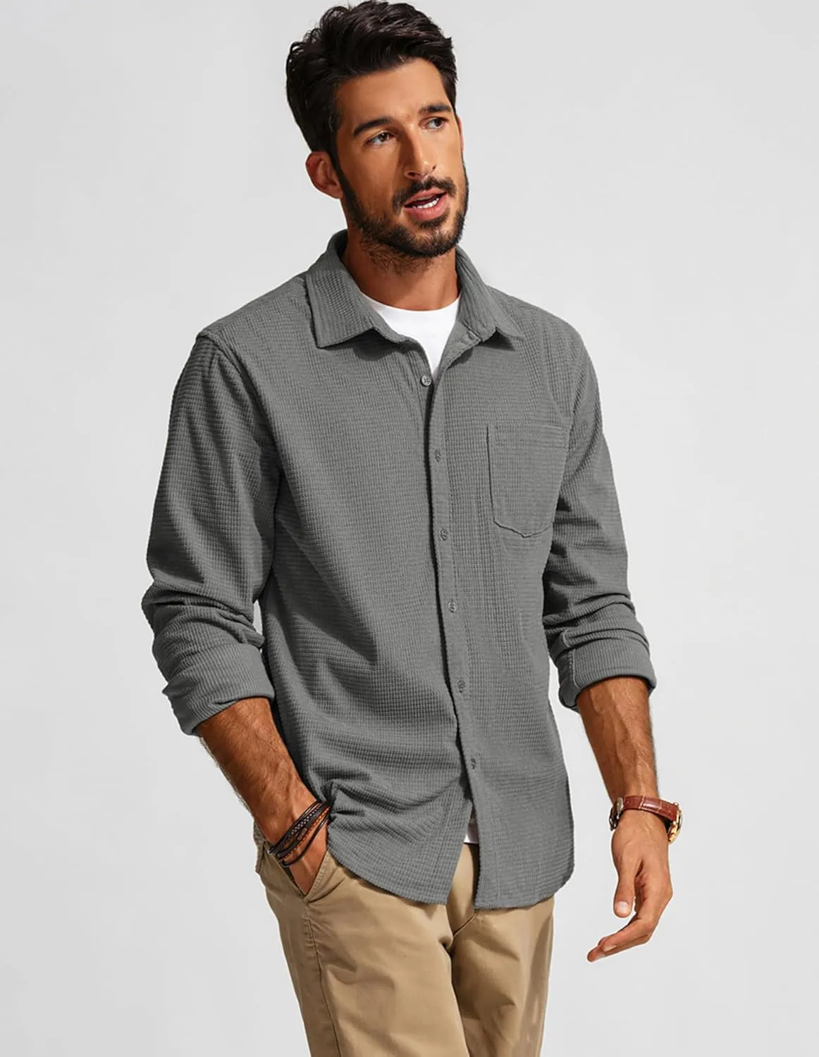 PJ PAUL JONES Men's Button Down Shirt Texture Wrinkle Free Shirts Long Sleeve Waffle Untucked Shirt
