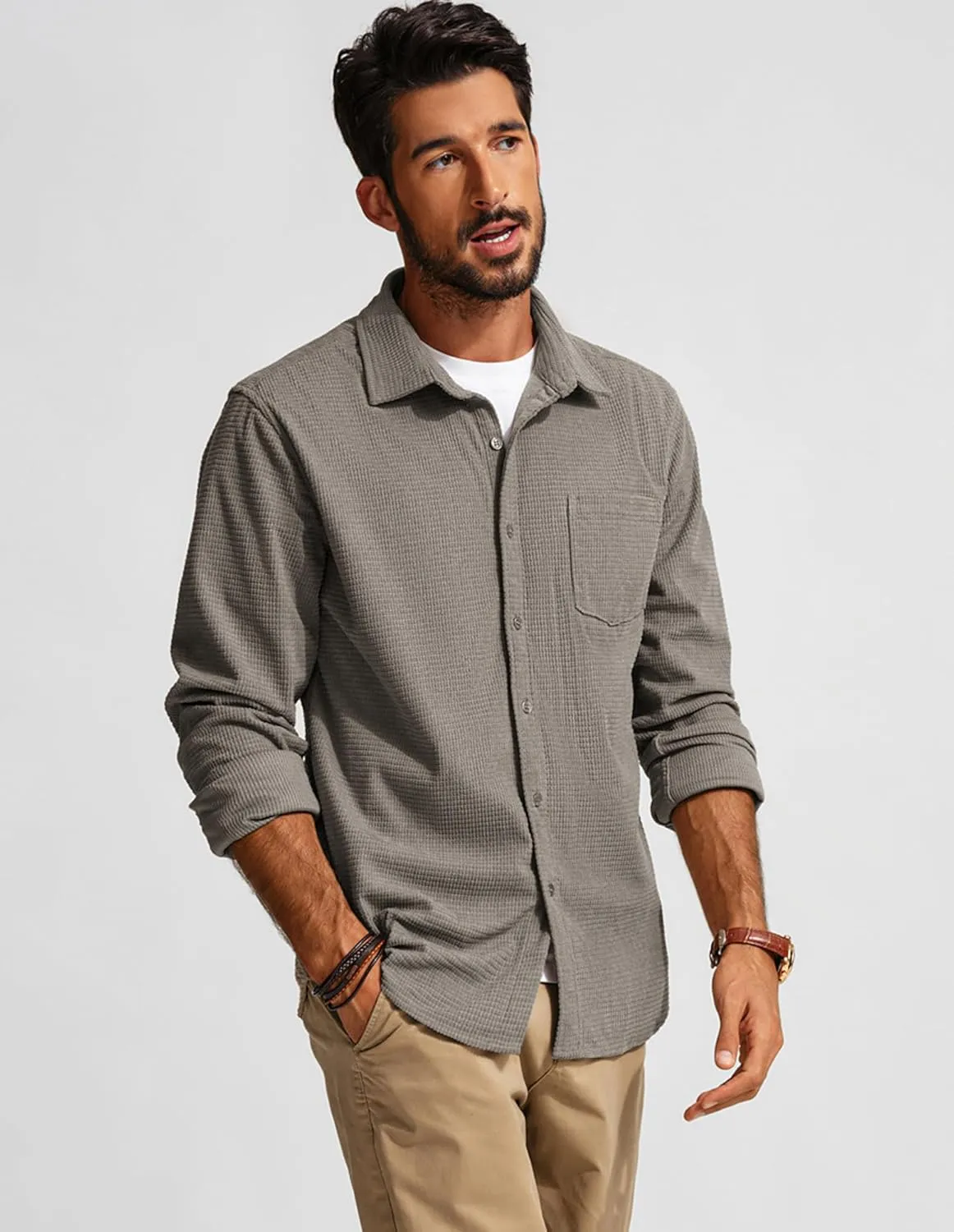 PJ PAUL JONES Men's Button Down Shirt Texture Wrinkle Free Shirts Long Sleeve Waffle Untucked Shirt