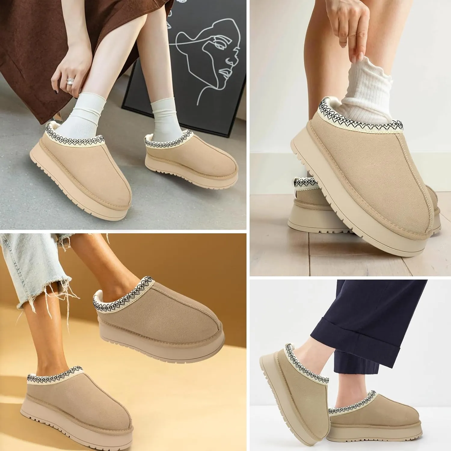 Platform Slippers for Women Winter Snow Mini Boots Suede Warm Lined Shoes Short Ankle Anti-Slip Platform Boots Slip on Home Fuzzy Slippers for Indoor Outdoor