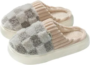 Plush Slippers for Women Men Plaid Cuff Warm Fuzzy Fleece Slipper Cozy Memory Foam Checkered Home Shoes Non-Slip
