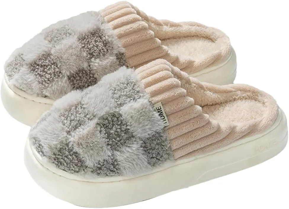 Plush Slippers for Women Men Plaid Cuff Warm Fuzzy Fleece Slipper Cozy Memory Foam Checkered Home Shoes Non-Slip