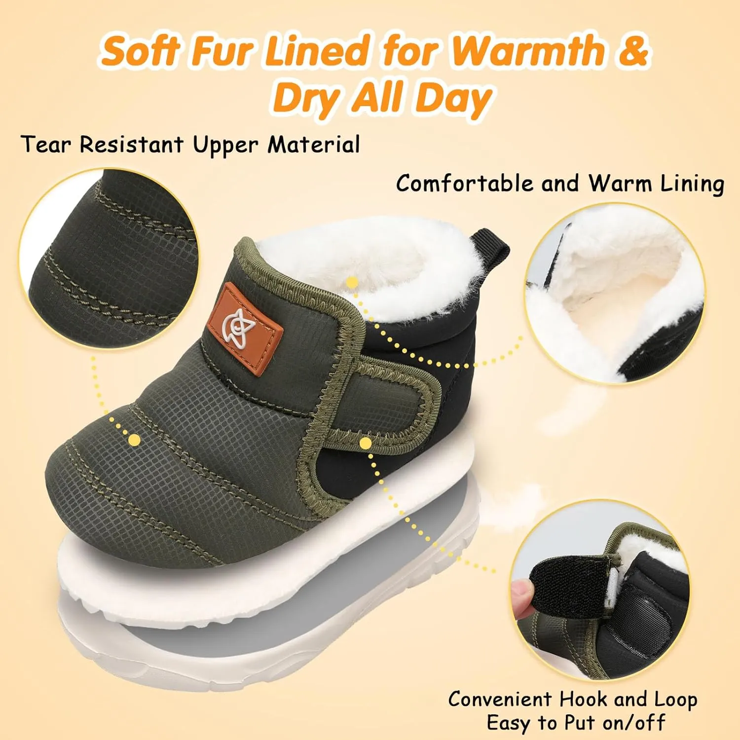 QFH Baby Boys Girls Winter Warm Shoes Cozy Fleece Snow Boots Toddler Non-Slip Walking Shoes Infant Outdoor Water Resistance Faux Fur Booties