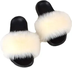 QINGCOMFACAI Womens Fur Slides Slipper Sandals Faux Fuzzy Slides Fluffy Sandals Open Toe Indoor Outdoor Shoes